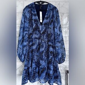 AQUA Blue Multi Print Long Sleeve Tiered Mini Dress Size M NWT